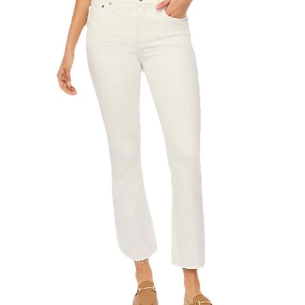 J Crew Jeans Womens Size 32 White Denim Midrise Distressed Flare Cropped Stretch
